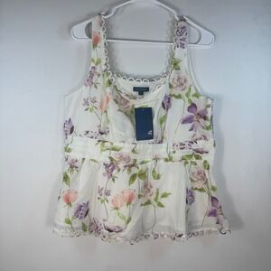 Biltmore Floral Cotton Tank Top Scallop Eyelet Trim Side Zip White Purple 14